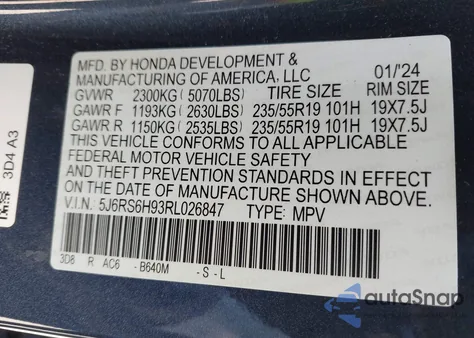 2024 Honda Cr-V Hybrid Sport Touring из США, поврежденный, VIN 5J6RS6H93RL026847